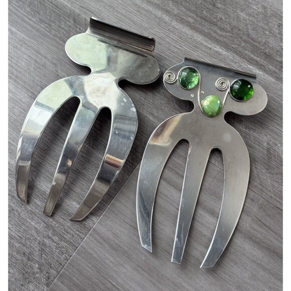Stainless Steel Salad Servers Claws Green Holiday Embellished - Picture 3 of 5